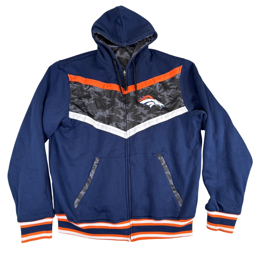 Denver Broncos Mens Full Zip Hoodie Navy Blue Camo Chevron Embroidered Logo XL